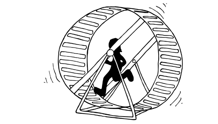 Black and white illustration of a person running on a hamster wheel